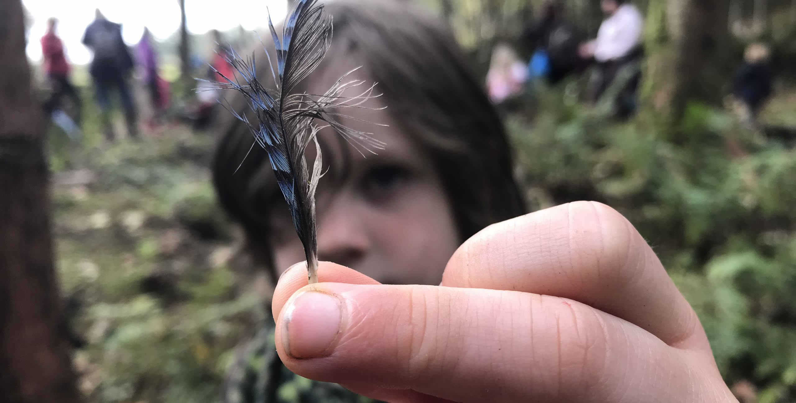 Excitement at finding blue feather