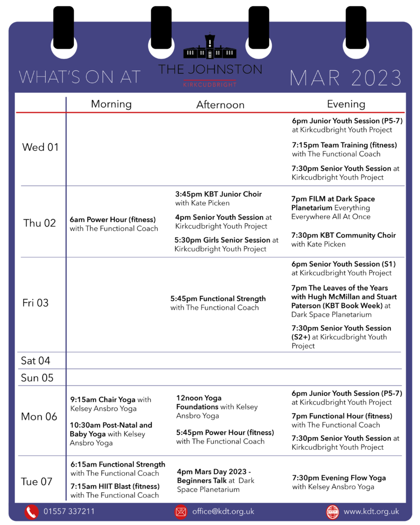 What’s On at The Johnston – March 2023 | Kirkcudbright Development Trust
